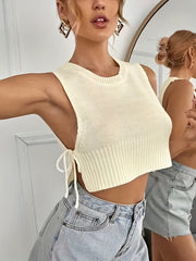 Lace Up Crop Tank Top Crew Neck Vest Summer Women's Clothing