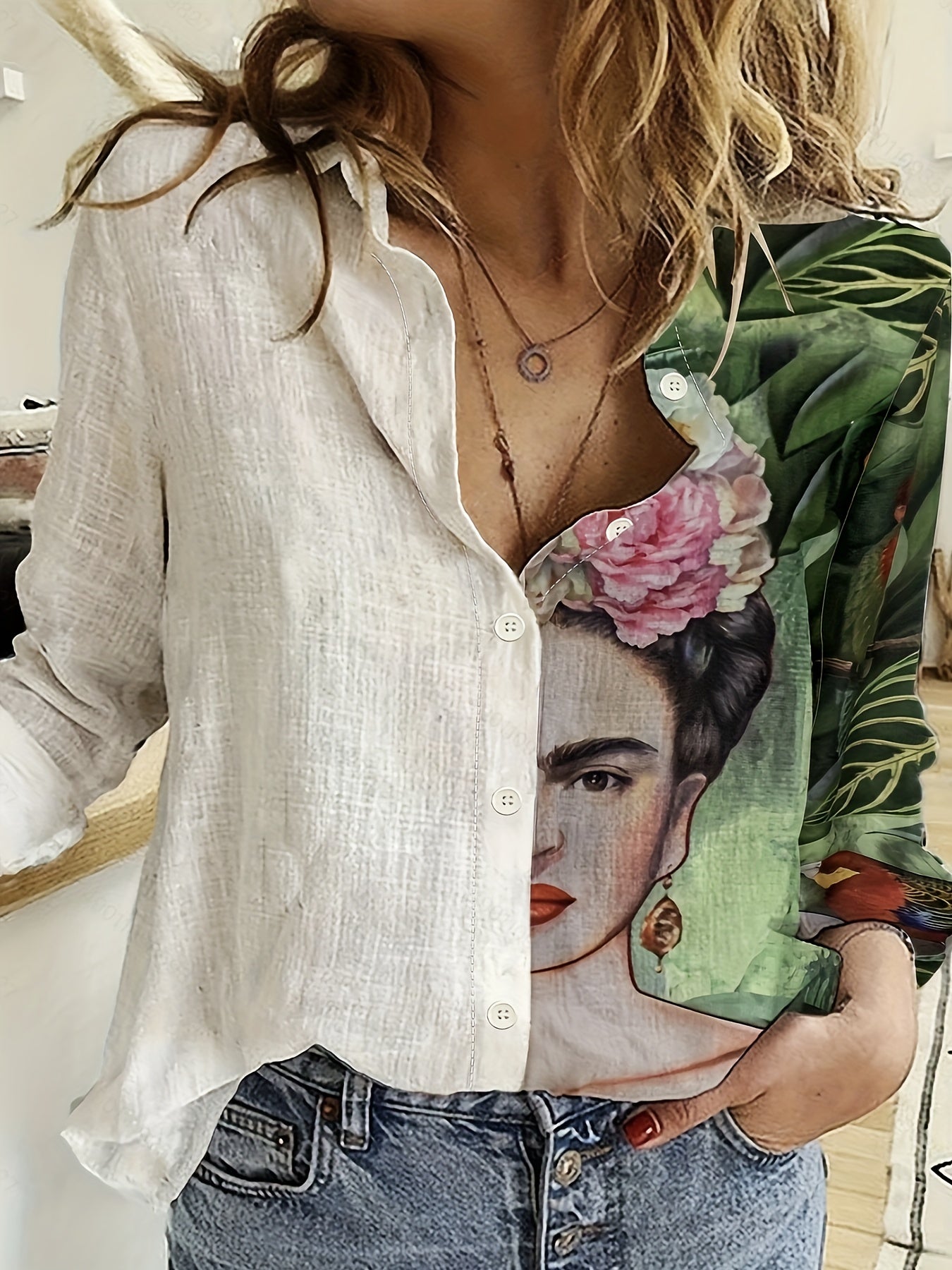 Cartoon Girl & Floral Print Colorblock Long Sleeve Top