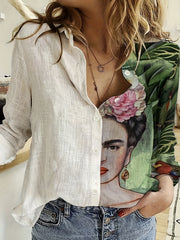 Cartoon Girl & Floral Print Colorblock Long Sleeve Top