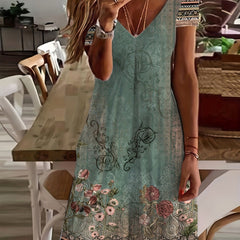 Floral Print V Neck Casual Dress