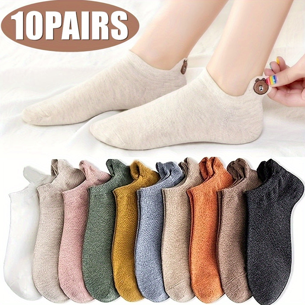10 Pairs Soft Ankle Socks Teddy Bear Embroidered Cotton Solid Women's Stockings