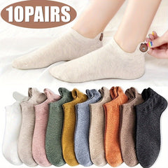 10 Pairs Soft Ankle Socks Teddy Bear Embroidered Cotton Solid Women's Stockings
