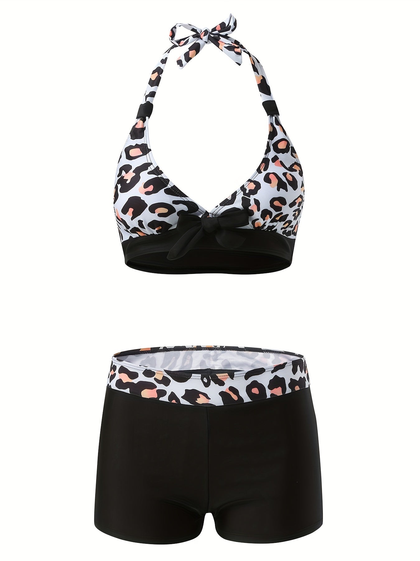 Leopard Print Bikini Set Halter V Neck High Stretch Boxer Short Bottom Swimsuit
