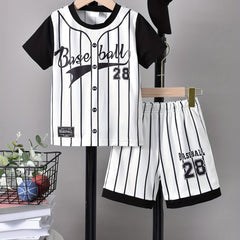 2pcs Boys Teen Casual Striped Baseball T shirt & Shorts Set