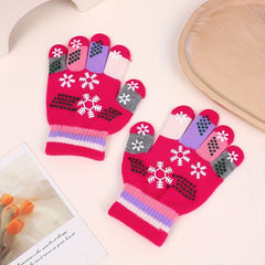 Kids Snowflake Print Winter Knitted Magic Gloves Age 4-8