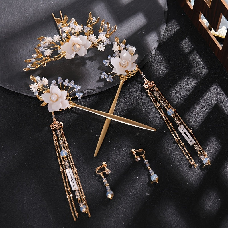 Crystal Flower Leaf Hairpin Headband Earring Set Chinese Wedding Hair Accessorie
