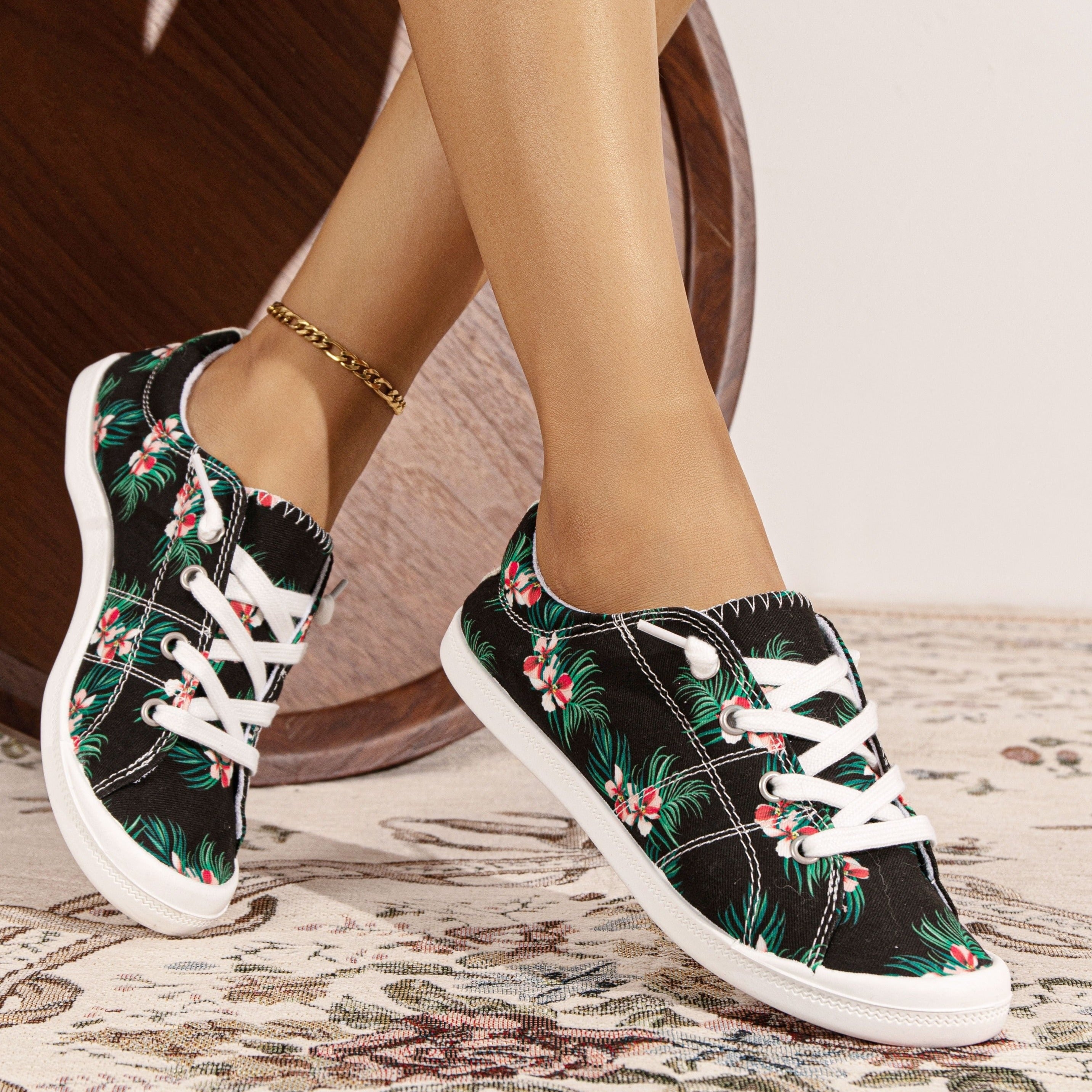 Flower Printed Canvas Lace-up Sneakers Low Top Casual Flat Shoes