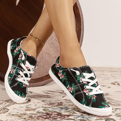 Flower Printed Canvas Lace-up Sneakers Low Top Casual Flat Shoes