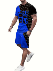 Men's Crown & King Graphic T-Shirt & Shorts Set for Outdoor Activities