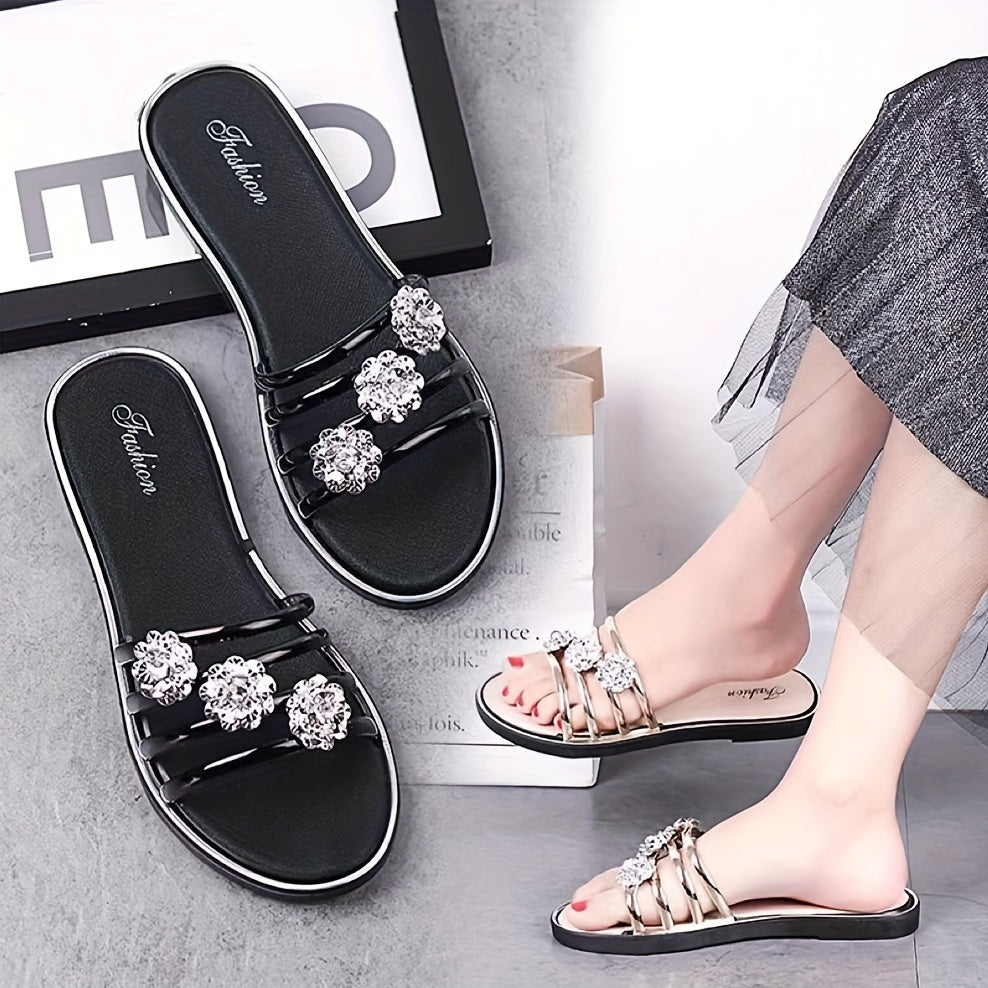 Rhinestone Flat Slides Open Toe Non Slip Shoes