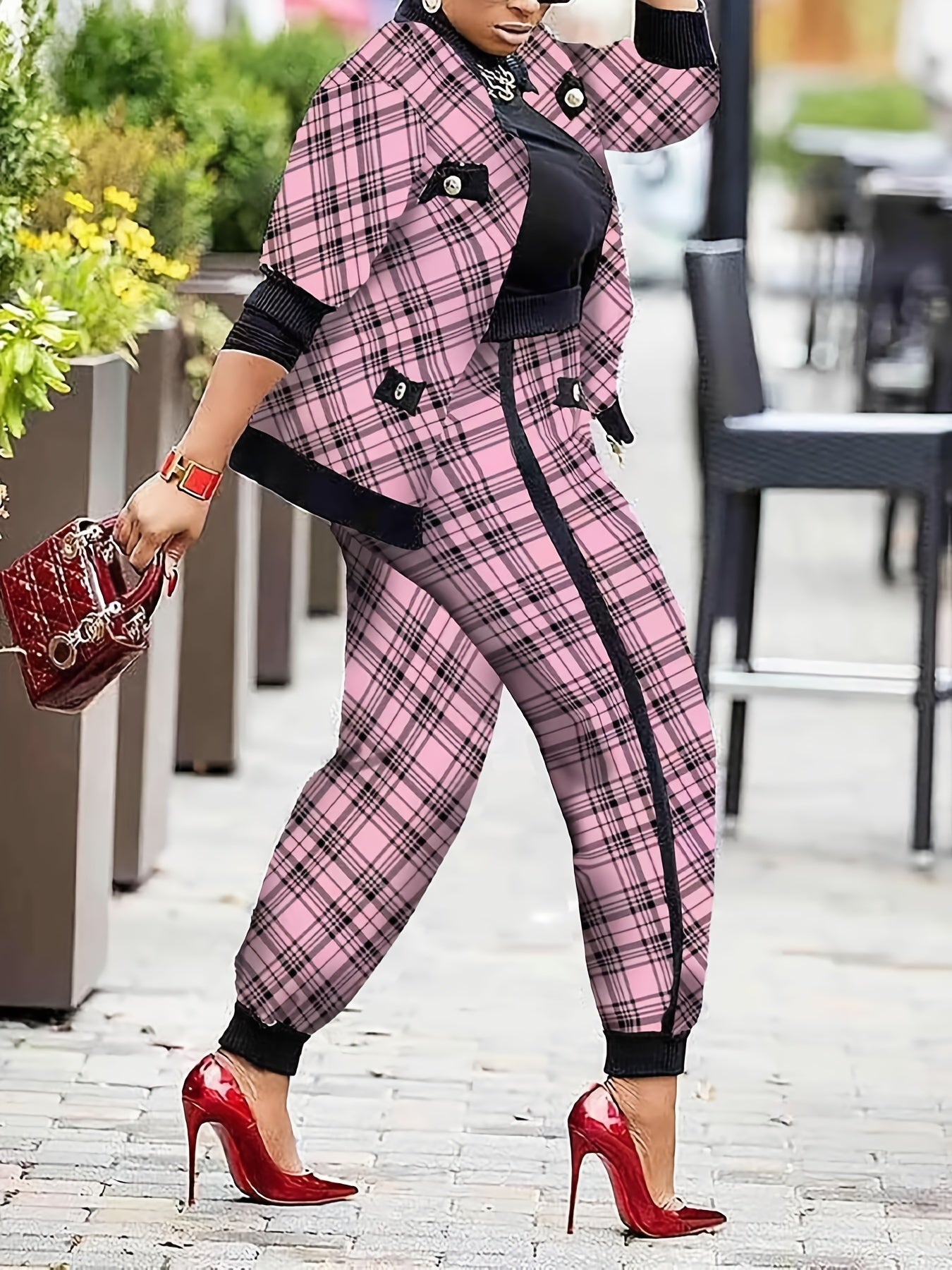 Plaid Print Jacket & Pants Set Women's Plus