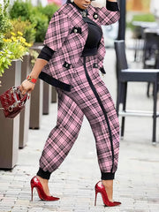 Plaid Print Jacket & Pants Set Women's Plus