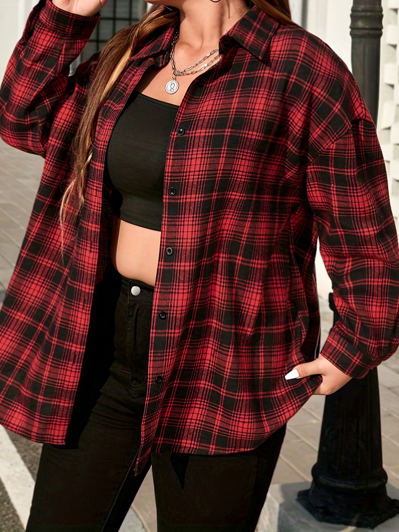 Plaid Print Button Up Long Sleeve Shacket
