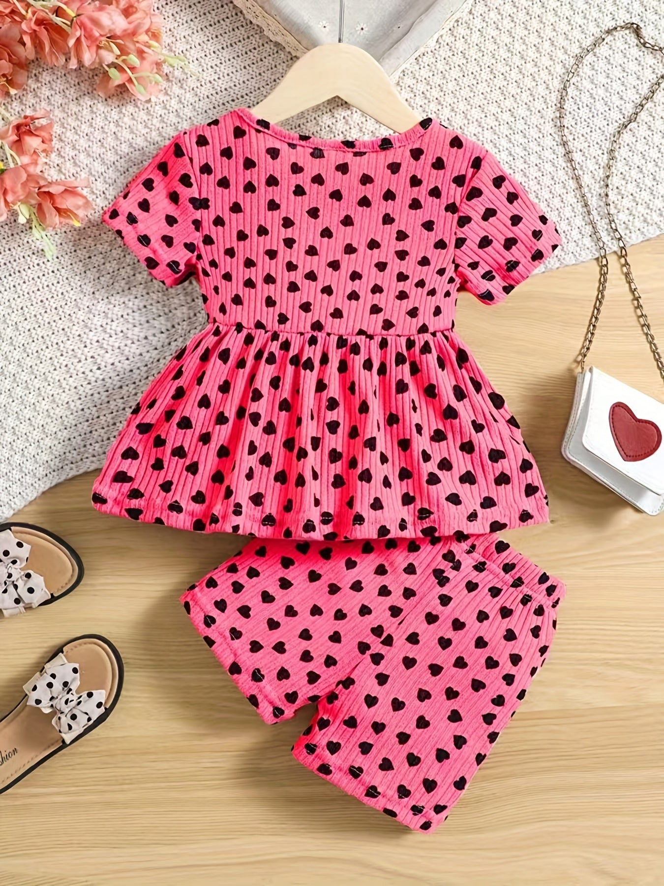 Girls Heart Graphic Peplum Crew Neck T Shirt Top & Shorts Set