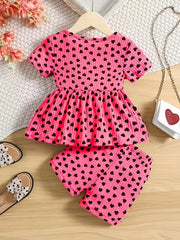 Girls Heart Graphic Peplum Crew Neck T Shirt Top & Shorts Set