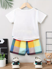 Boys Teen Bear Graphic Print T shirt & Plaid Shorts Set For Summer