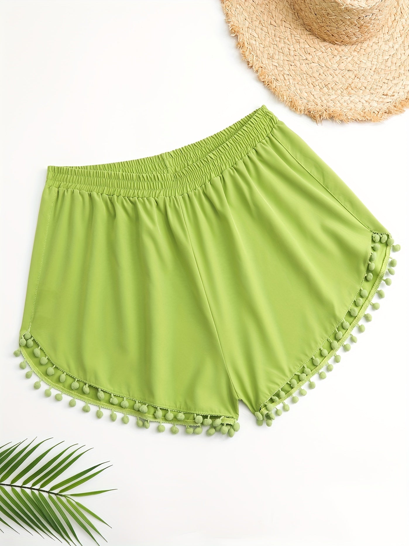 Boho Shorts Women's Plus Pompom Trim Stretch Shorts