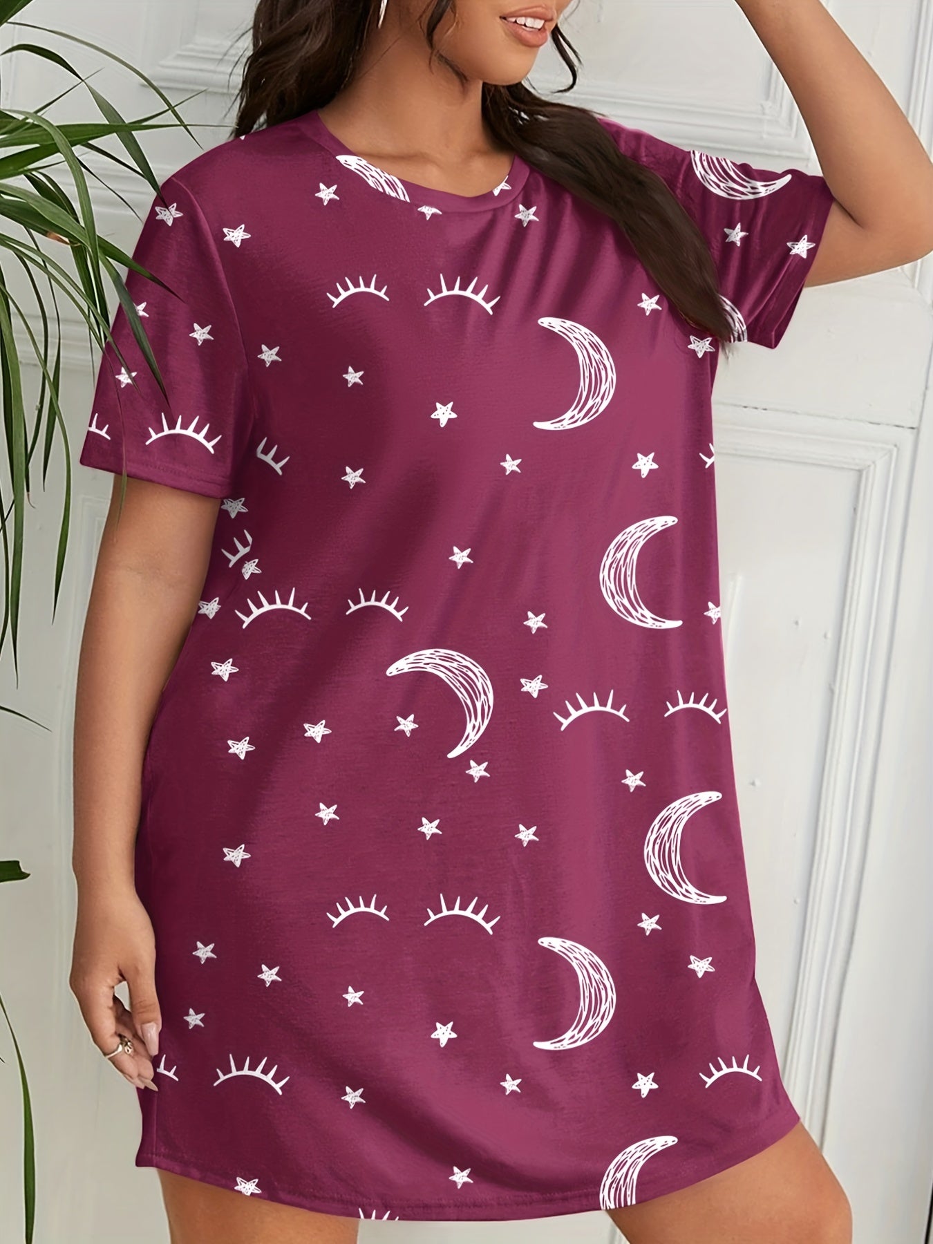 Eyelash & Moon Print Nightdress Short Sleeve Round Neck Sleep Dress