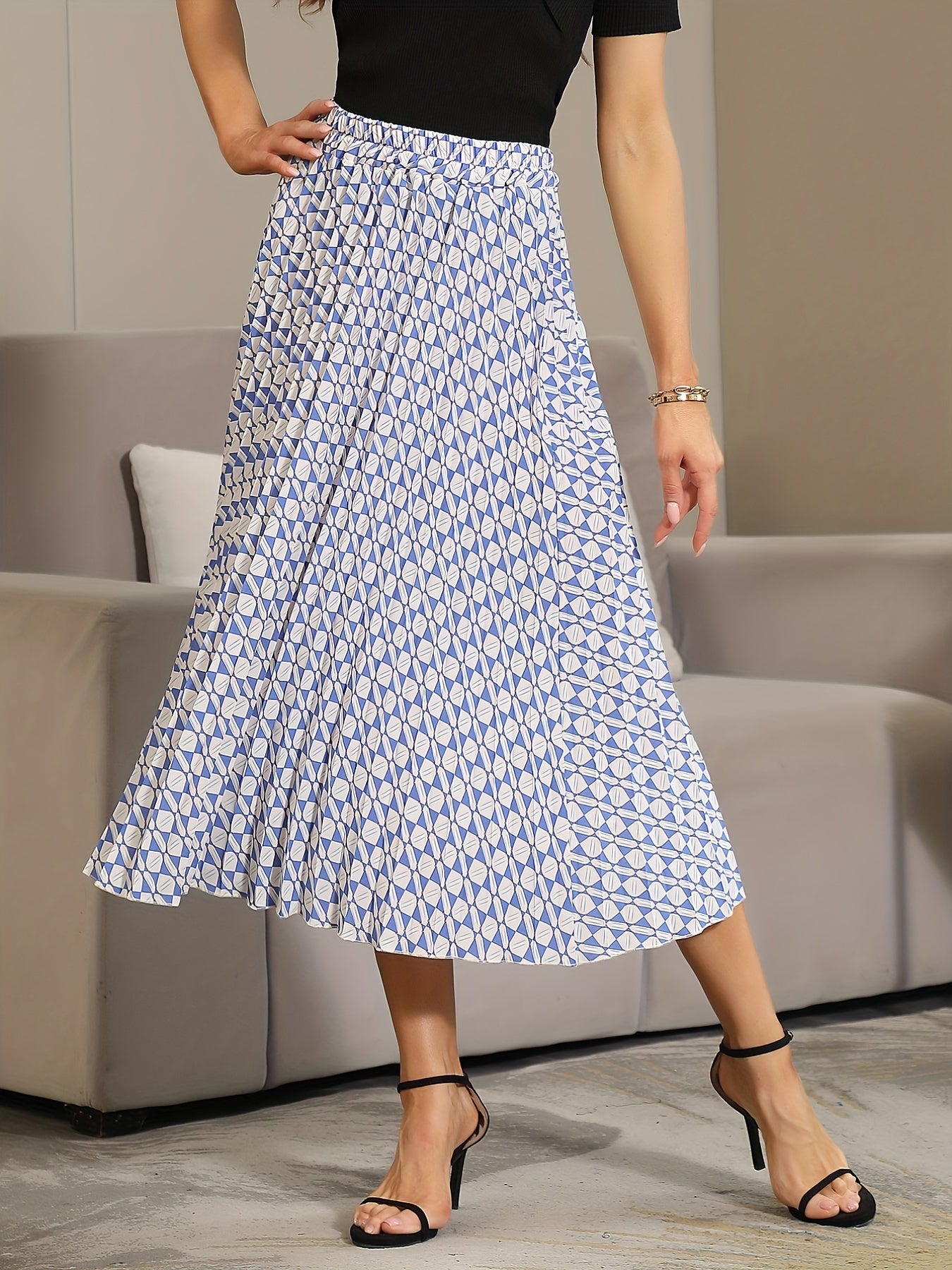 Geometric Print Pleated Skirt Elastic Waist Spring Summer Women's Clothing