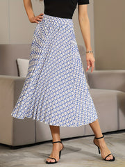 Geometric Print Pleated Skirt Elastic Waist Spring Summer Women's Clothing
