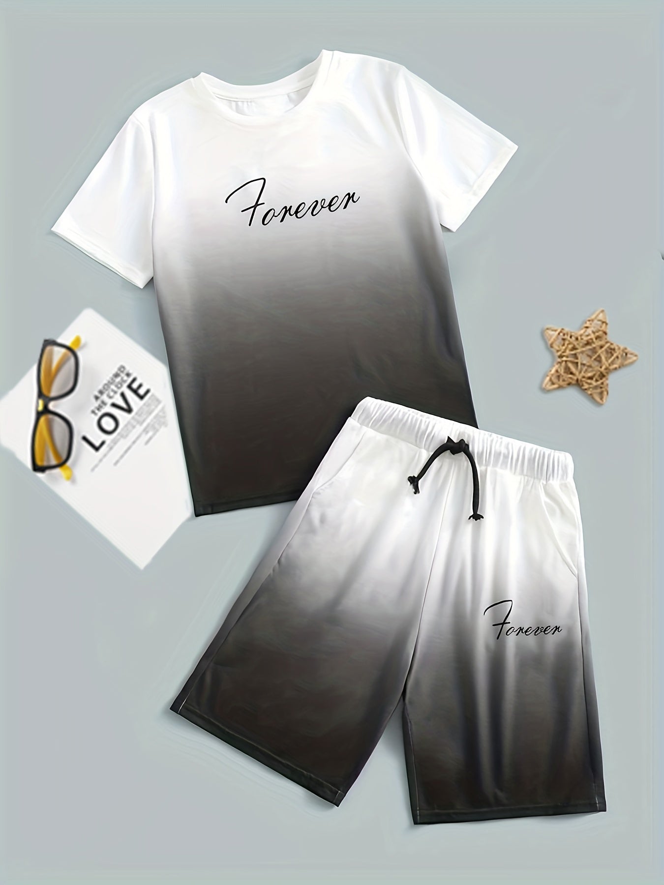 Boy's FOREVER Print T shirt & Drawstring Shorts Set