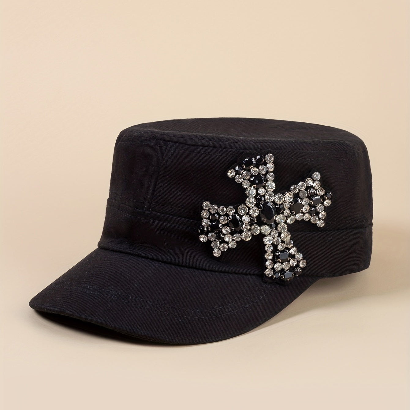 Rhinestone Cross Patch Baseball Cap Y2K Flat Hat Hip Hop Newsboy Hat