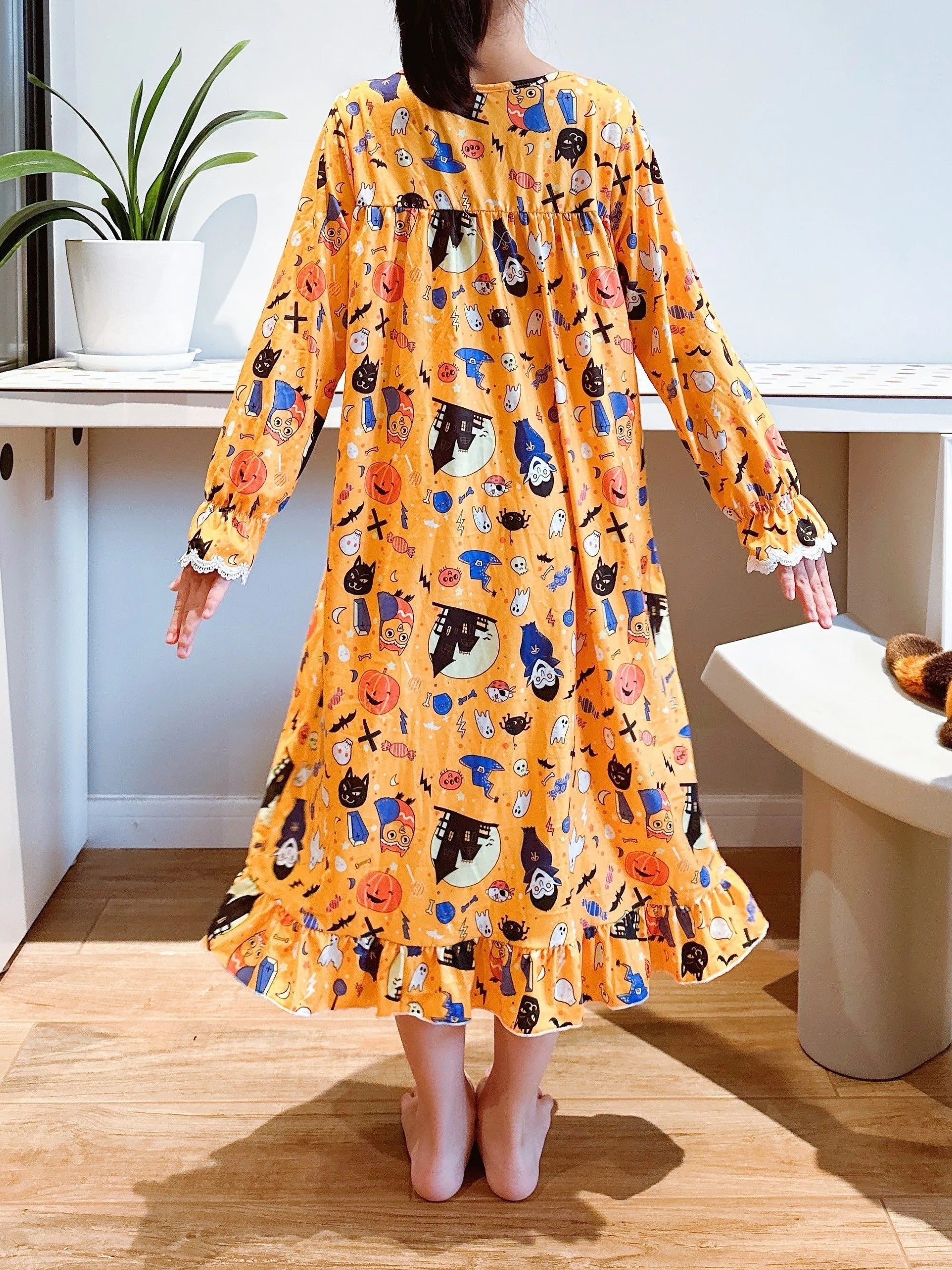Halloween Elements Girl's Nightgown Lace Decor Long Sleeve Nightdress