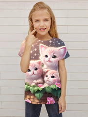 Adorable Kitty Graphic Crew Neck Short Sleeve T shirt Girls Casual Pullover Tops