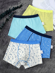 4pcs Boys Boxer Briefs Cotton Breathable Kids Panties Cartoon Striped Underwear