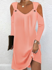 Solid Grommet Cold Shoulder Long Sleeve Dress
