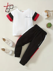 2pcs Little Boy Casual Cotton Block Short Sleeve Tees & Trousers Set