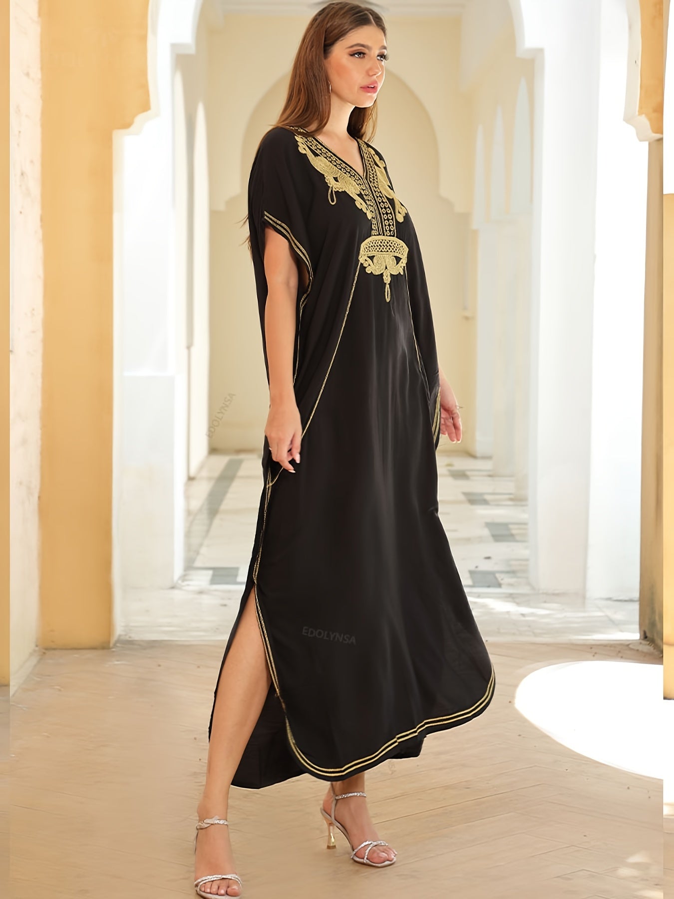 V Neck Cover Up Dress Loose Fit Split Kaftan Women's Swimwear