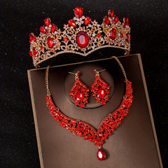 3pcs Red Princess Queen Crown Necklace Earrings Set