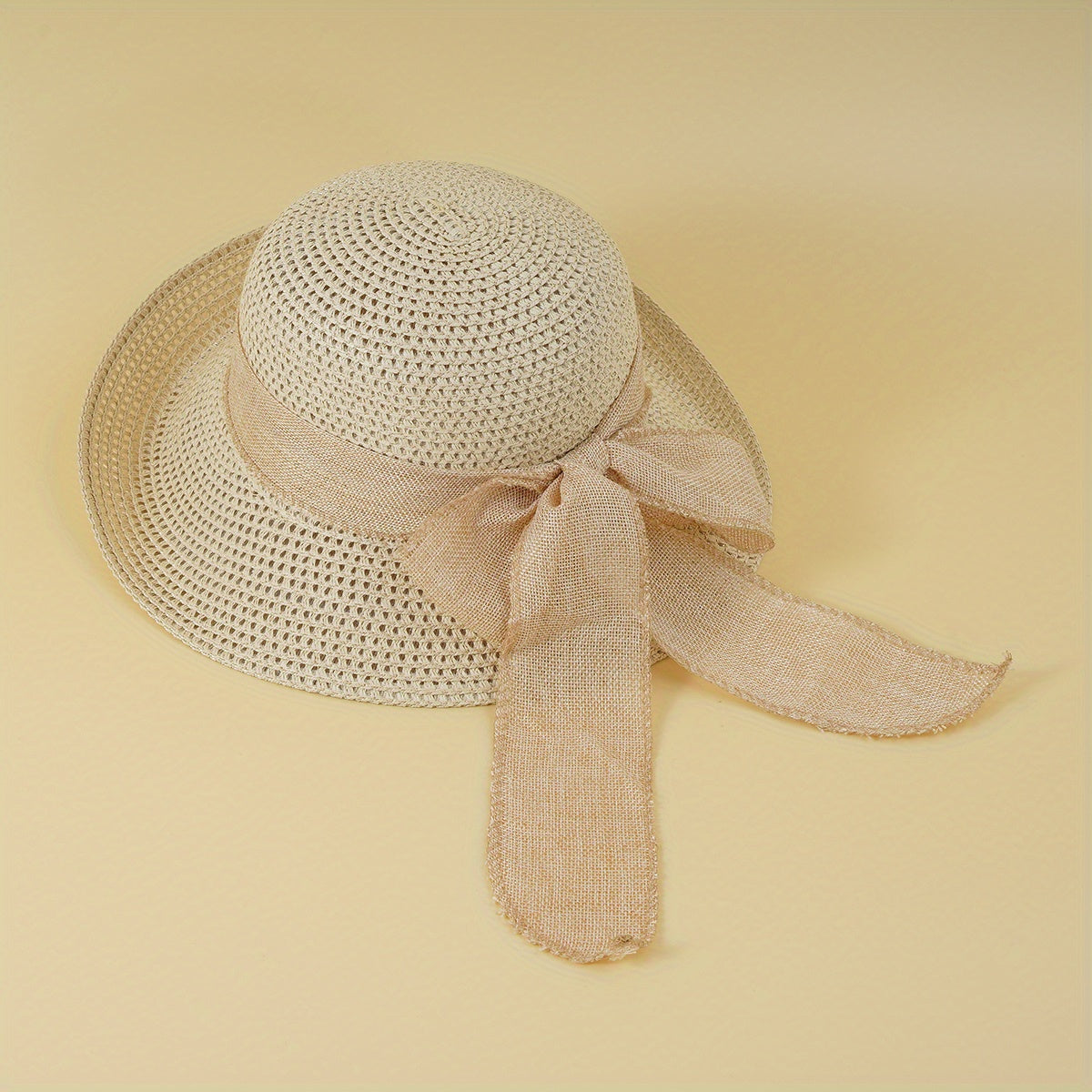 Rolled Brim Crochet Sun Hat Breathable Hollow Straw Hats Bowknot