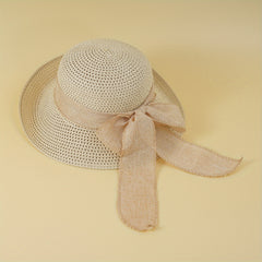 Rolled Brim Crochet Sun Hat Breathable Hollow Straw Hats Bowknot