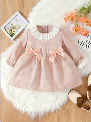 Baby Girls Plaid Lace Bow Long Sleeve Dress