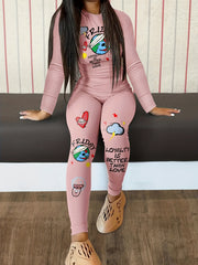 Graffiti Print Casual Two-piece Set Long Sleeve Tops & High Waist Pants