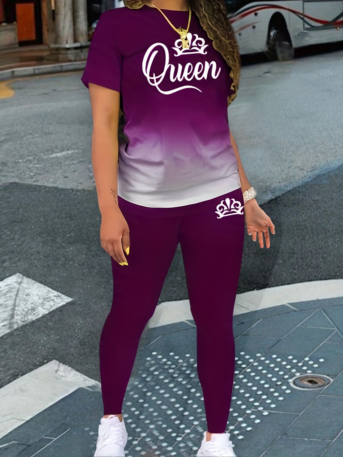 Letter & Crown Print Top & Pants Set