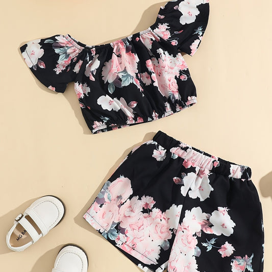 Girls Floral Print Off Shoulder Top Shorts Set Kids Summer Outfit