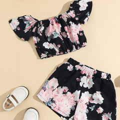 Girls Floral Print Off Shoulder Top Shorts Set Kids Summer Outfit