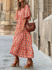 Vacation Tiered Maxi Dress Lace Up Neckline Casual Dress