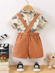 Baby Boys Preppy Style Outfit Graphic Shirt & Suspender Shorts