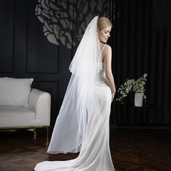 Vintage Double Layered Long Wedding Veil with Hand Embellished Sheer Bridal Veil