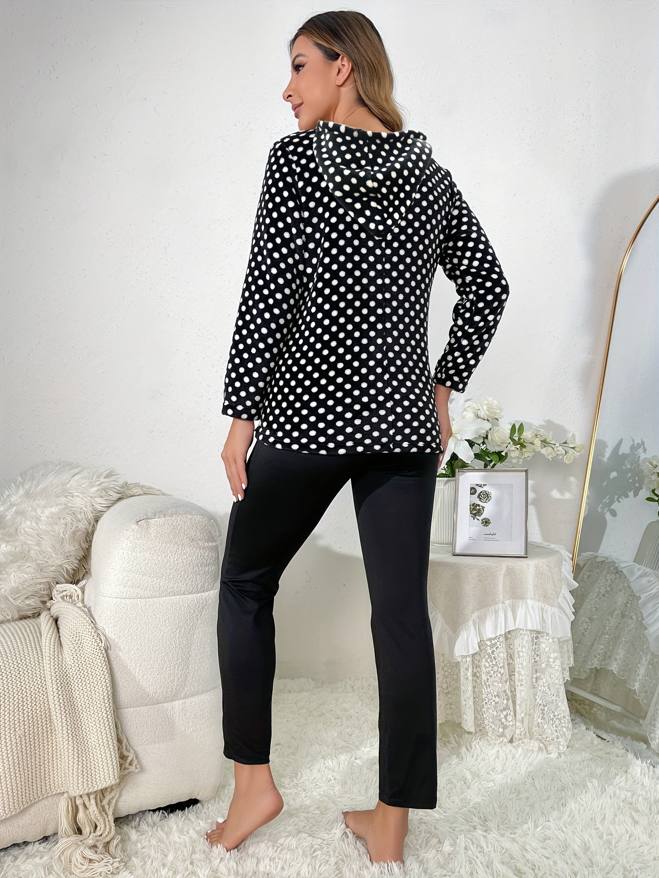 Polka Dot Lounge Set Long Sleeve Hooded Top & Pants