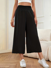 Cropped Wide Leg Pants Loose Fit Shirred Waist Casual