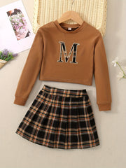 2pcs Letter Plaid Print Top & Skirt Set