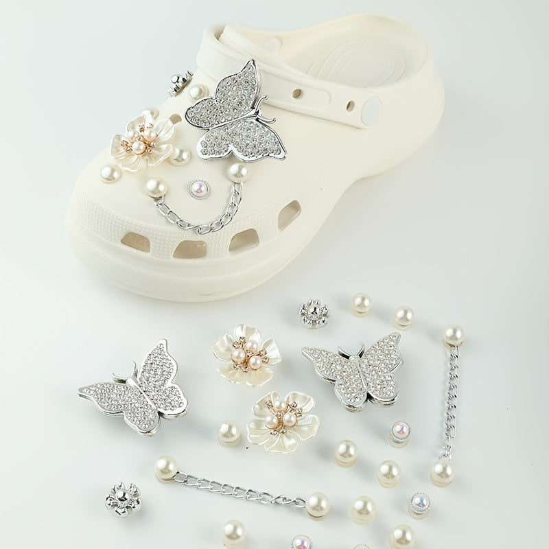 Pearl Flower Silver Butterfly Shoe Accessories Set