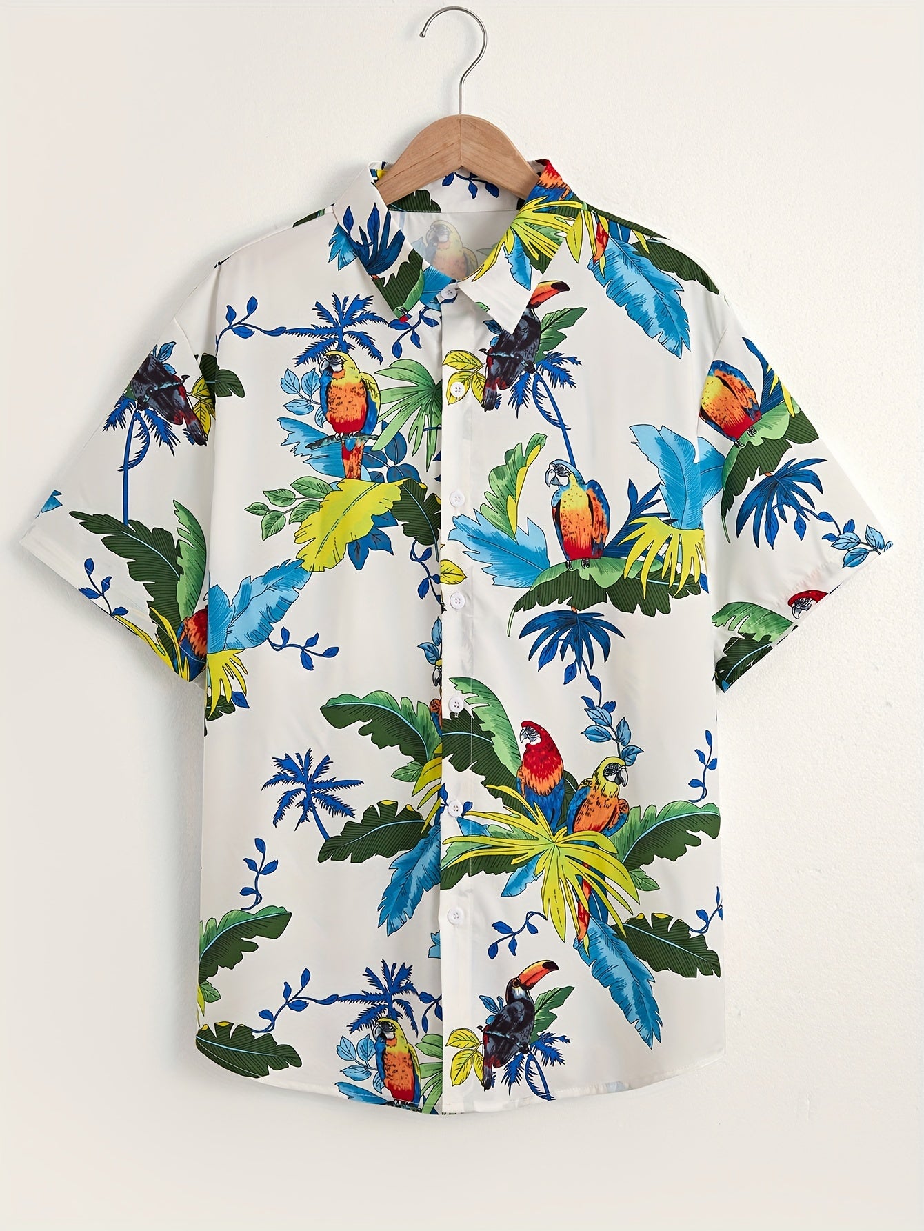 Leaves & Parrot Pattern Men's Short Sleeve Shirt for Summer