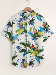 Leaves & Parrot Pattern Men's Short Sleeve Shirt for Summer