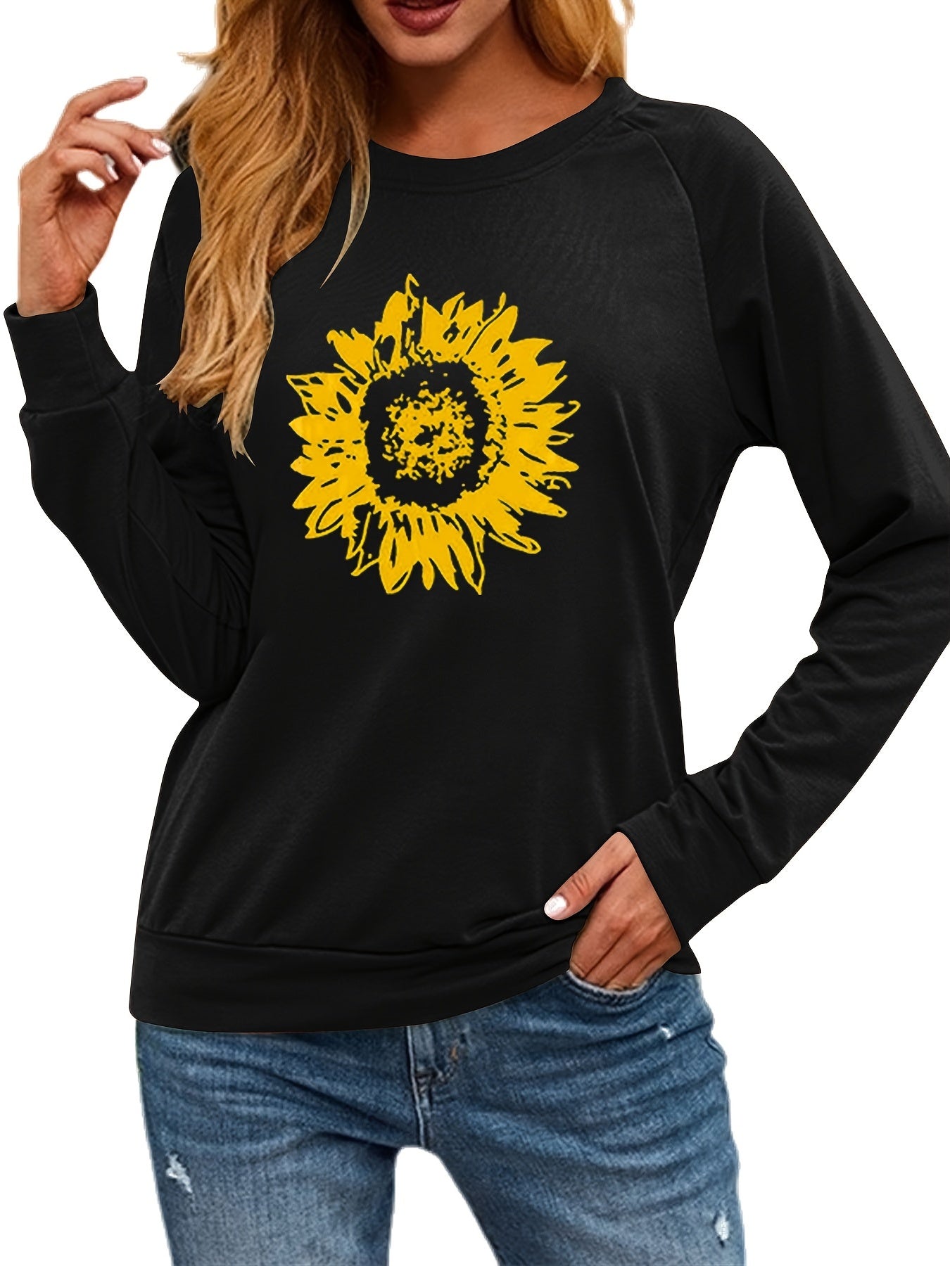Sunflower Print Crew Neck Pullover Casual Loose Long Sleeve Sweatshirt
